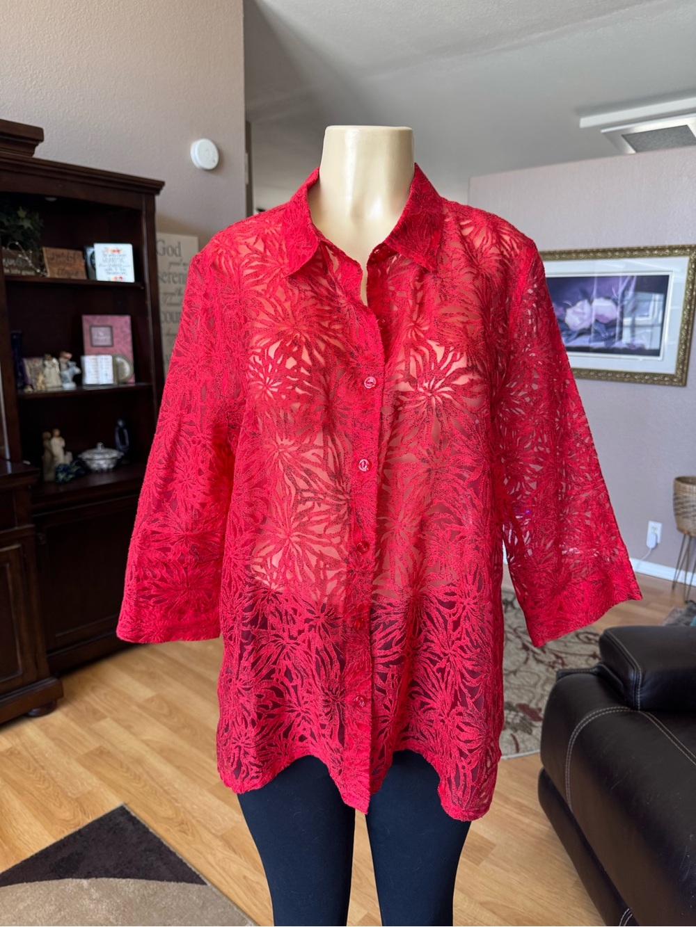 French Laundry Red Sheer Lace Button-Down Blouse-size L